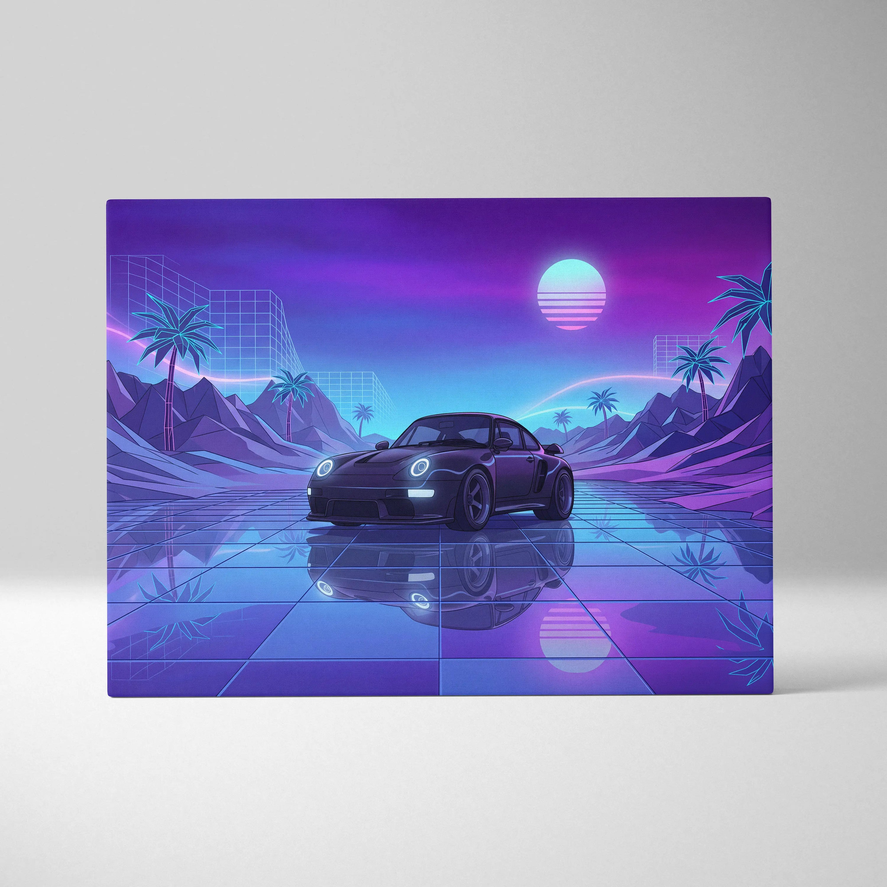 Porsche 911 Turbo Classic Inspired Black Purple Canvas Wall Art, Vaporwave Sports Car Artwork, Neon City Garage Decor, Retro Futuristic Auto Print