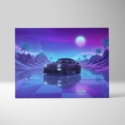 Porsche 911 Turbo Classic Inspired Black Purple Canvas Wall Art, Vaporwave Sports Car Artwork, Neon City Garage Decor, Retro Futuristic Auto Print