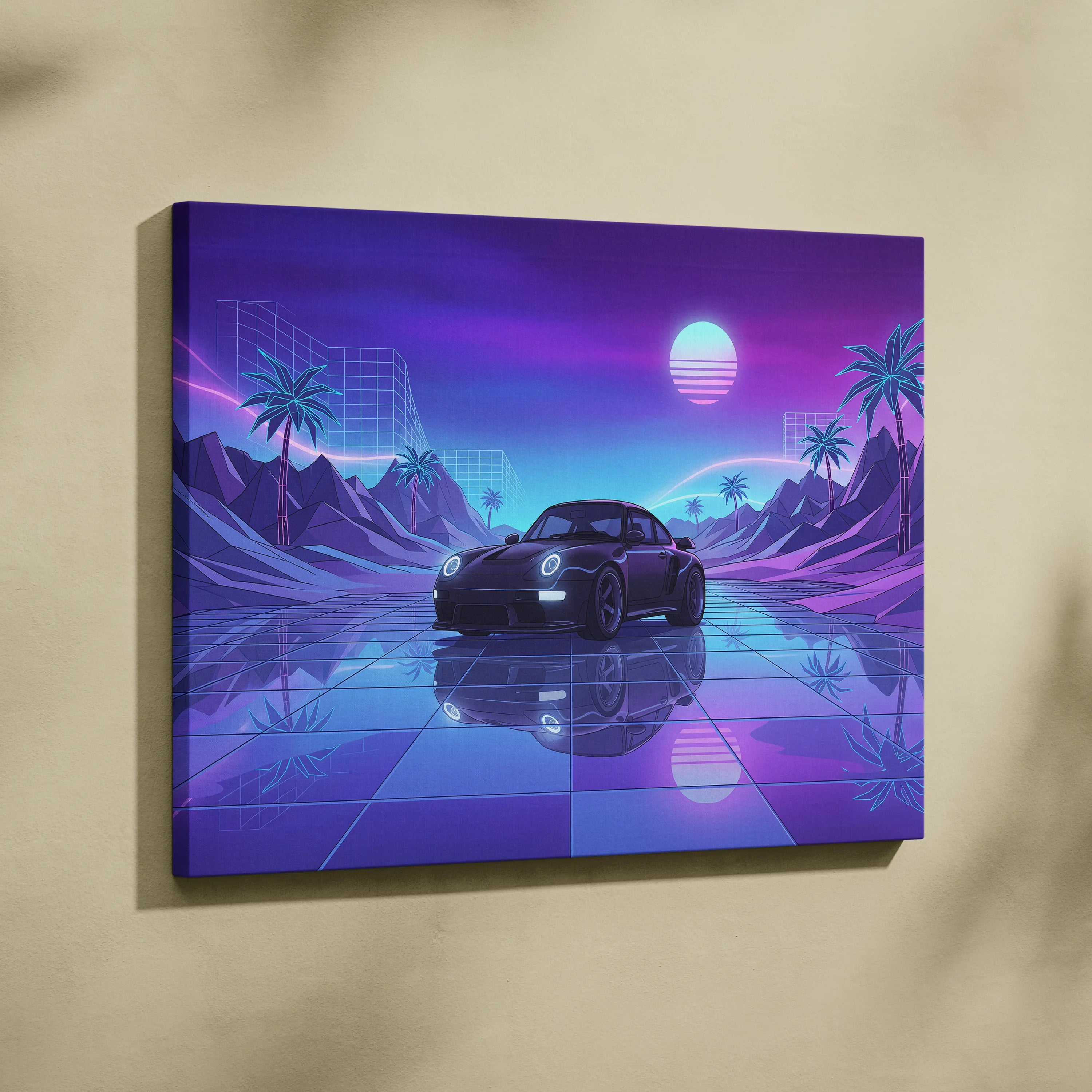 Porsche 911 Turbo Classic Inspired Black Purple Canvas Wall Art, Vaporwave Sports Car Artwork, Neon City Garage Decor, Retro Futuristic Auto Print