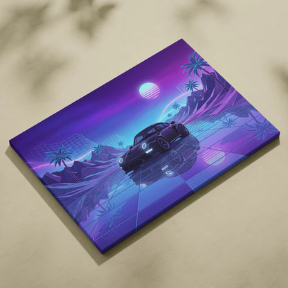 Porsche 911 Turbo Classic Inspired Black Purple Canvas Wall Art, Vaporwave Sports Car Artwork, Neon City Garage Decor, Retro Futuristic Auto Print