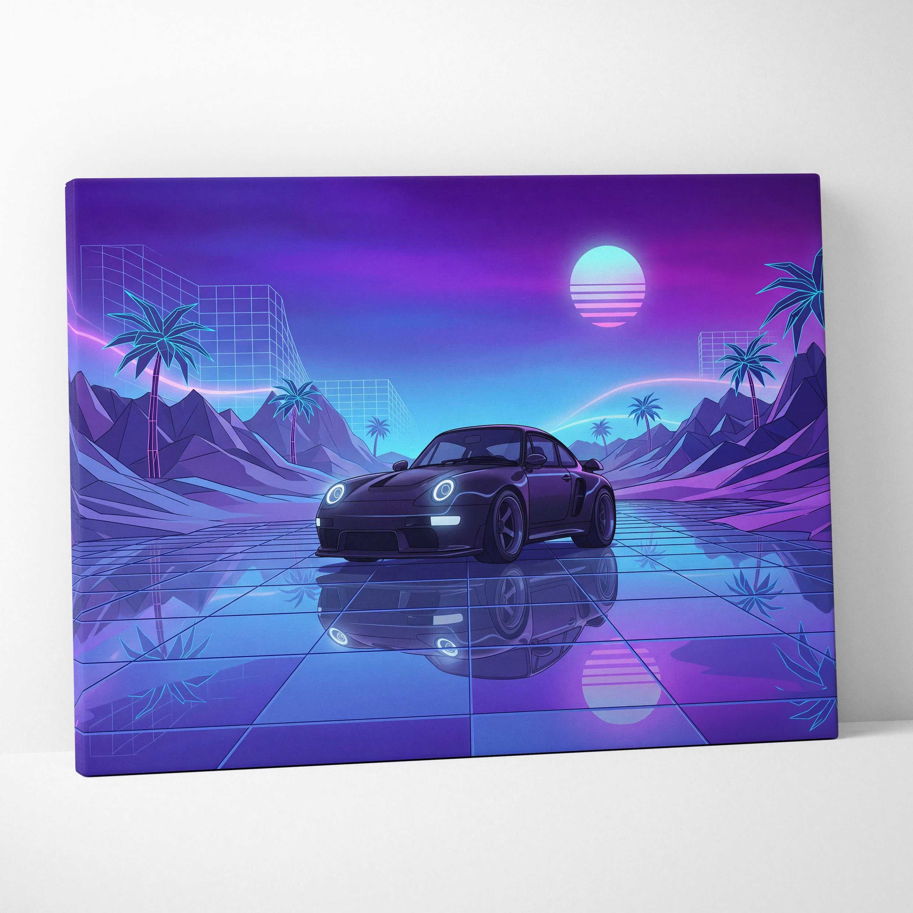 Porsche 911 Turbo Classic Inspired Black Purple Canvas Wall Art, Vaporwave Sports Car Artwork, Neon City Garage Decor, Retro Futuristic Auto Print