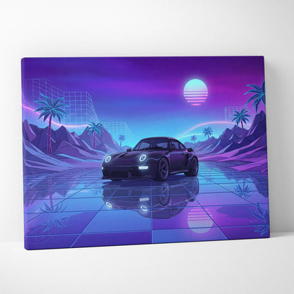 Porsche 911 Turbo Classic Inspired Black Purple Canvas Wall Art, Vaporwave Sports Car Artwork, Neon City Garage Decor, Retro Futuristic Auto Print
