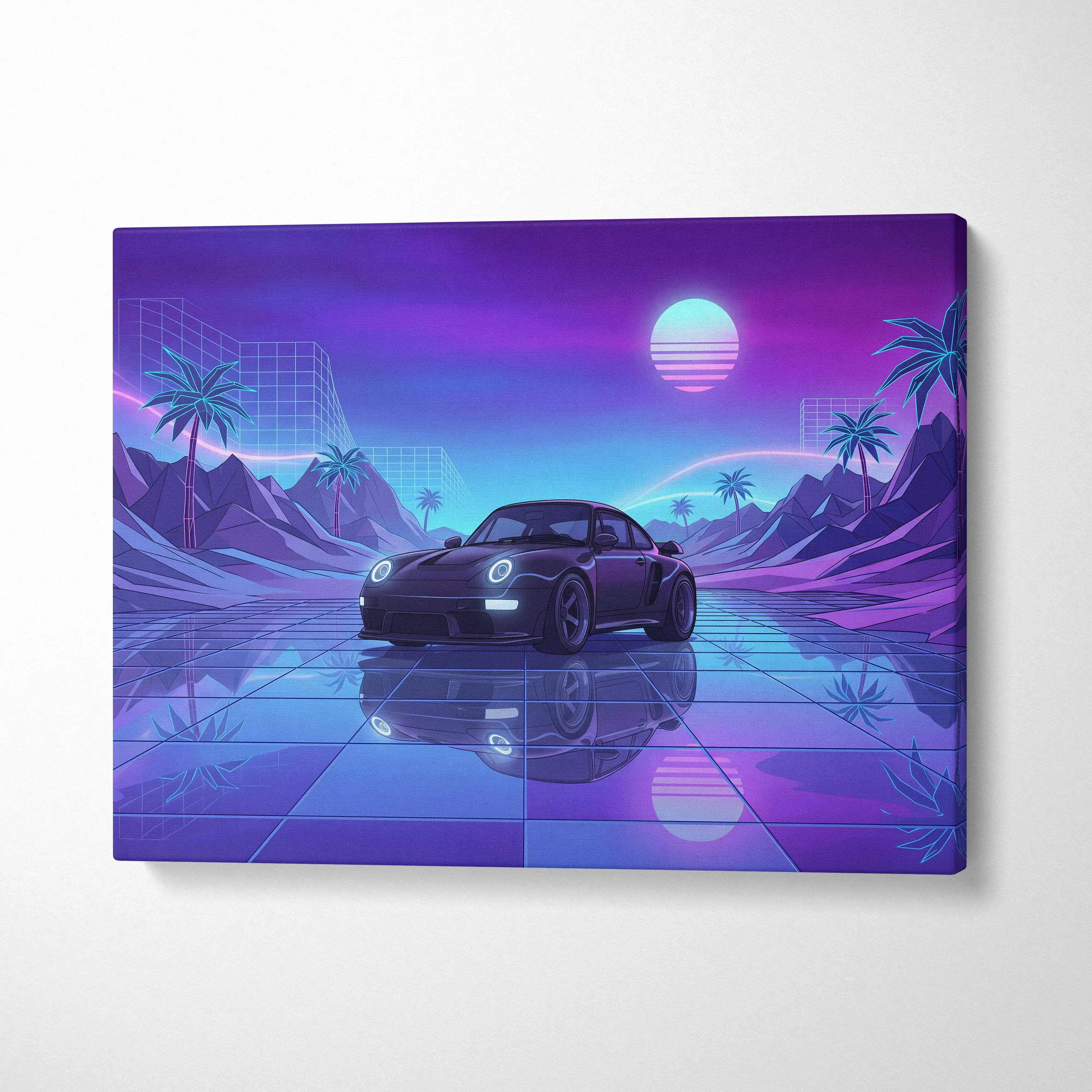 Porsche 911 turbo classic inspired black purple canvas wall art featuring a black nissan gt-r in neon vaporwave cityscape