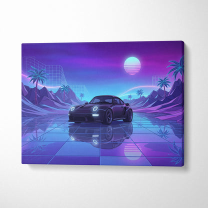 Porsche 911 Turbo Classic Inspired Black Purple Canvas Wall Art, Vaporwave Sports Car Artwork, Neon City Garage Decor, Retro Futuristic Auto Print