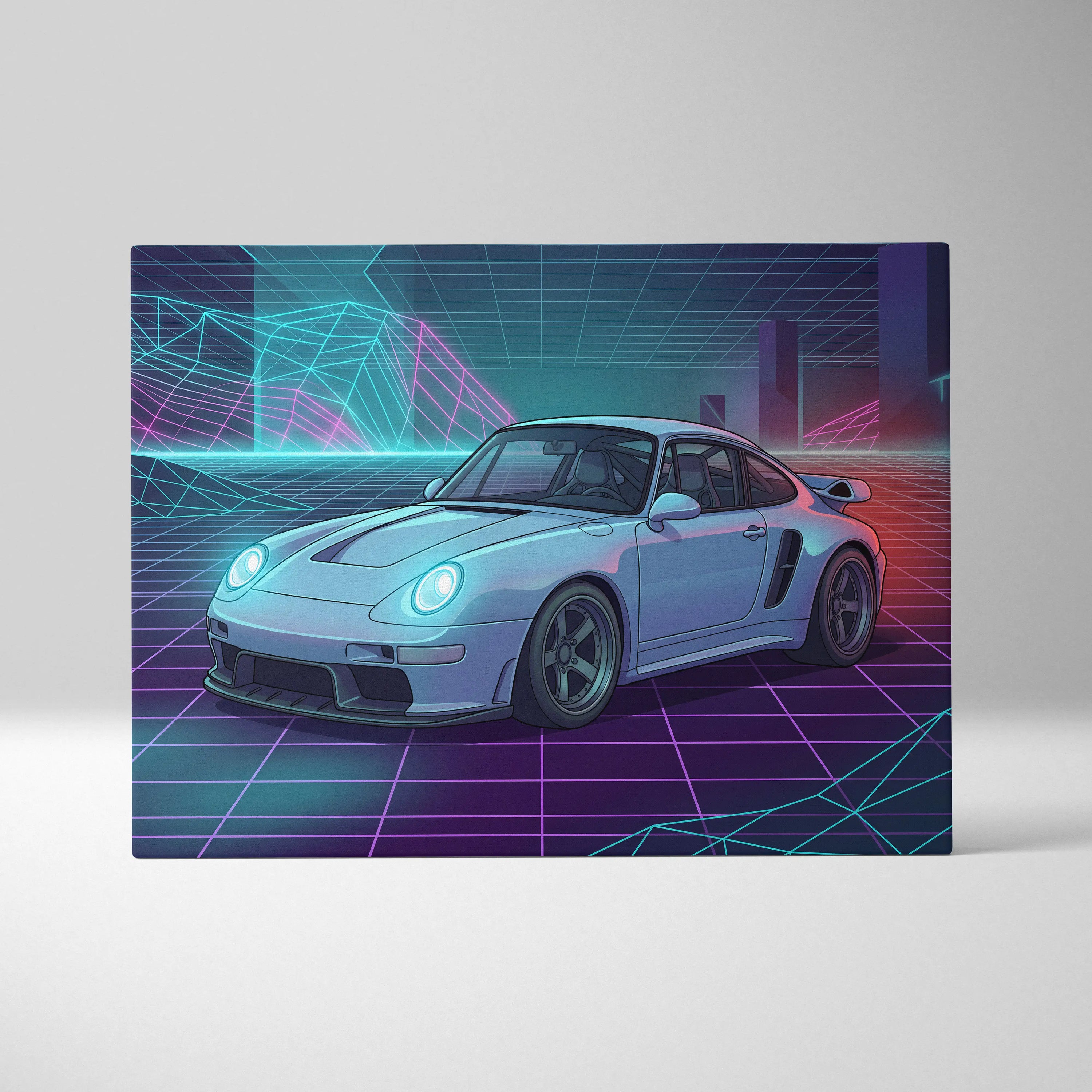 Porsche 911 Classic Inspired White Purple Canvas Wall Art, Vaporwave Sports Car Artwork, Neon Grid Garage Decor, Retro Futuristic Auto Print