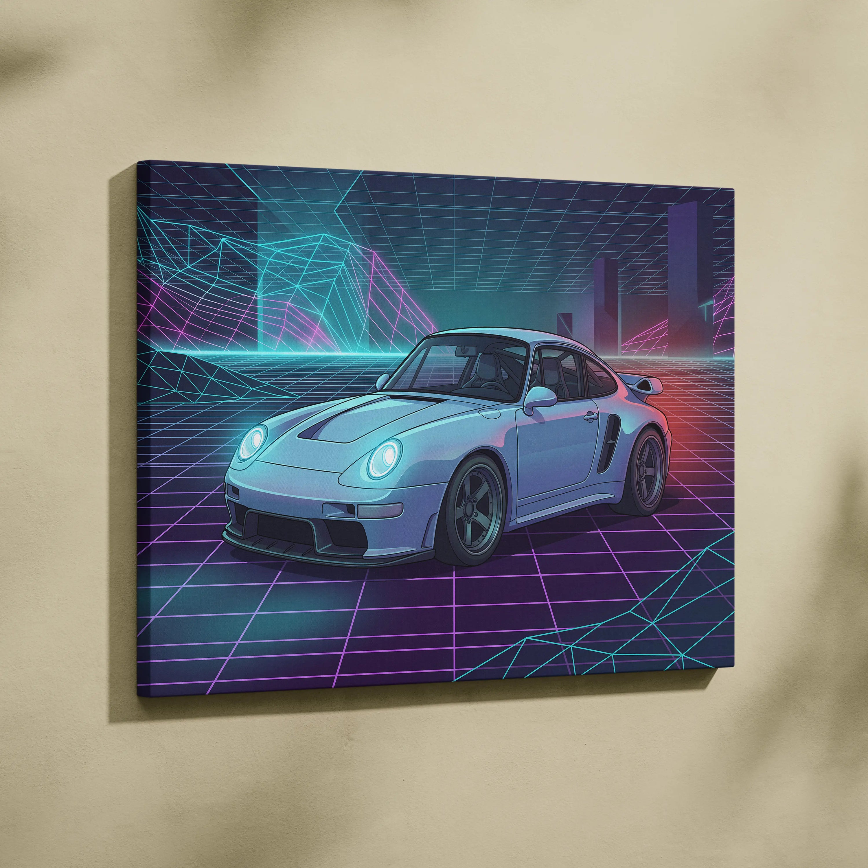 Porsche 911 Classic Inspired White Purple Canvas Wall Art, Vaporwave Sports Car Artwork, Neon Grid Garage Decor, Retro Futuristic Auto Print