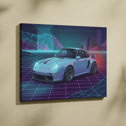 Porsche 911 Classic Inspired White Purple Canvas Wall Art, Vaporwave Sports Car Artwork, Neon Grid Garage Decor, Retro Futuristic Auto Print