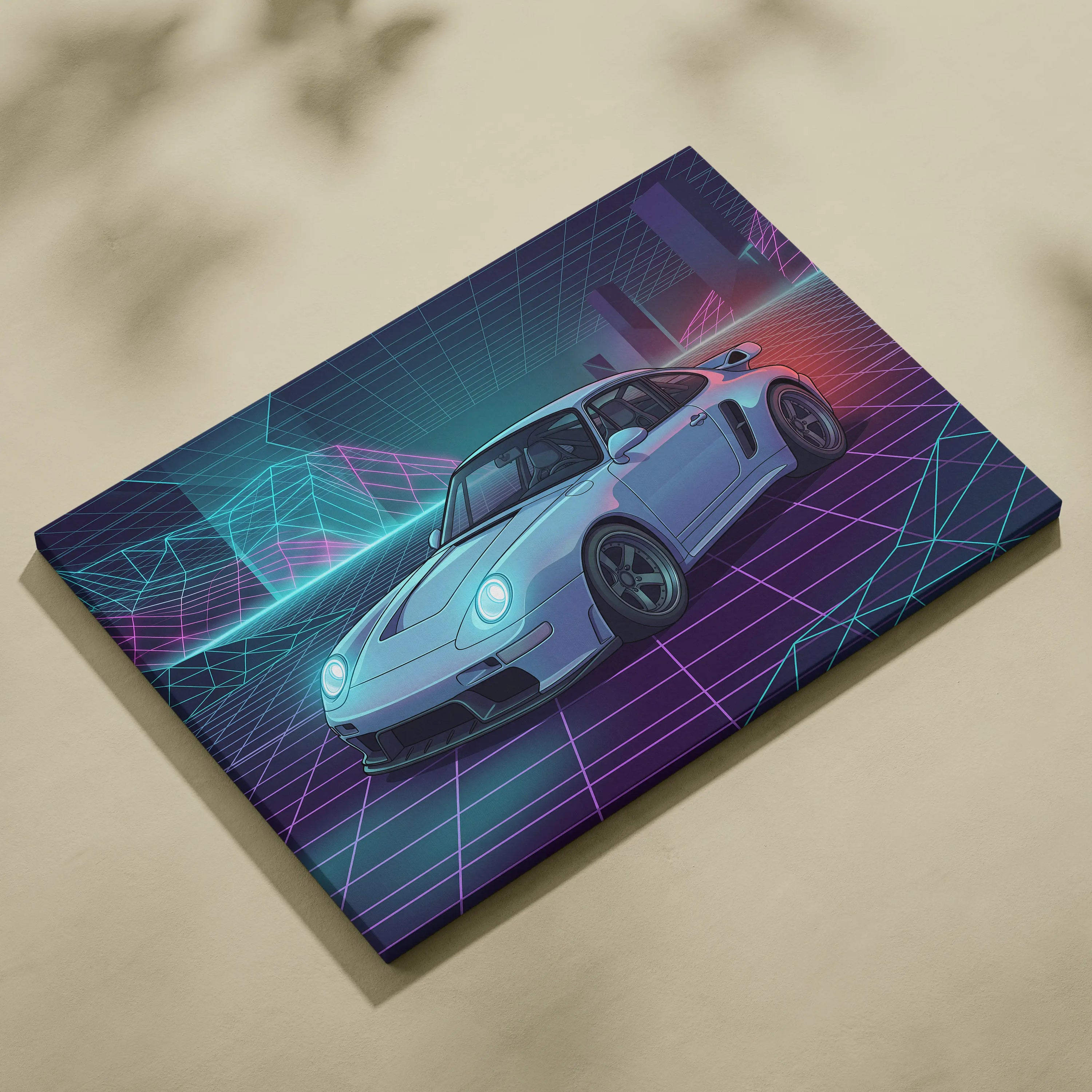 Porsche 911 Classic Inspired White Purple Canvas Wall Art, Vaporwave Sports Car Artwork, Neon Grid Garage Decor, Retro Futuristic Auto Print