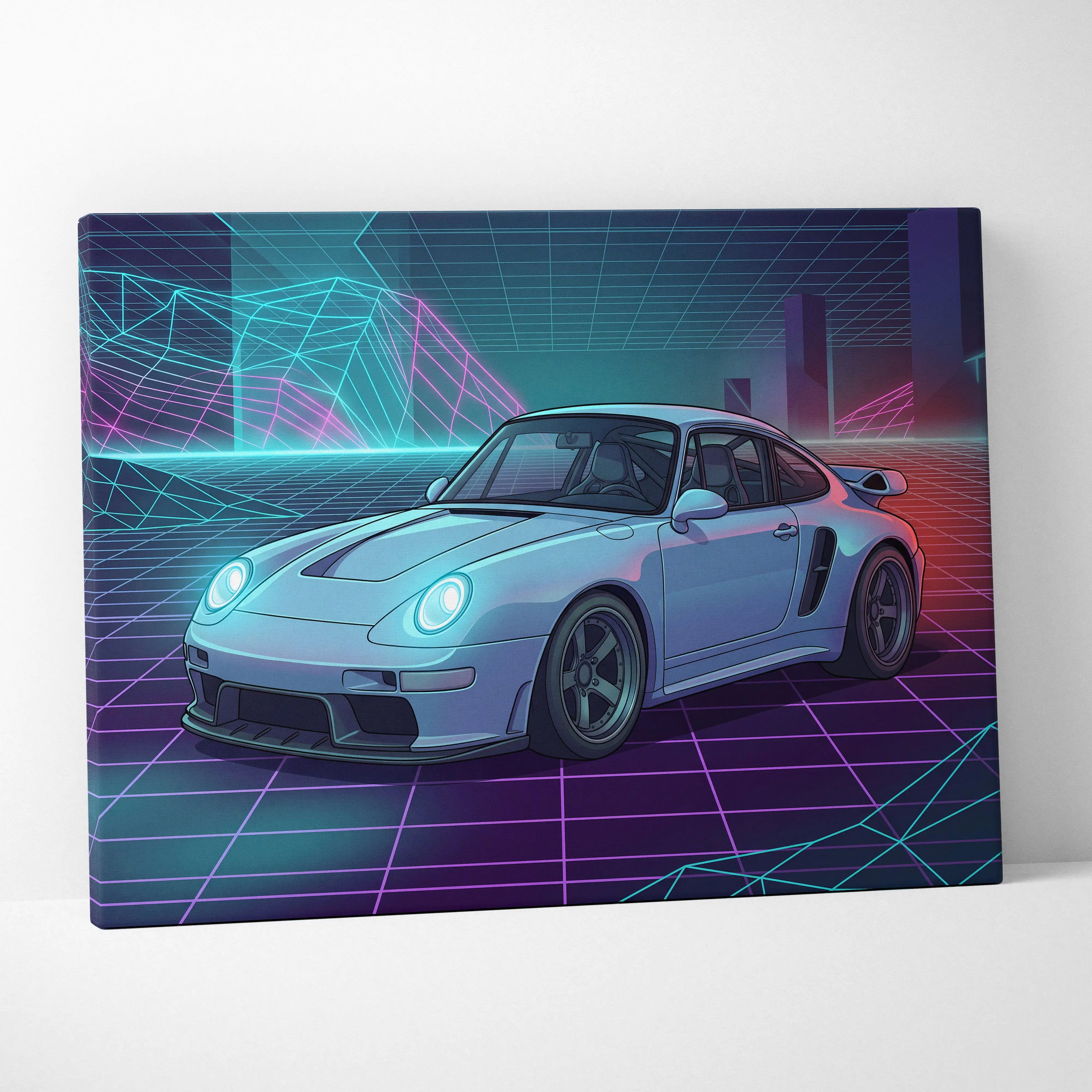 Porsche 911 Classic Inspired White Purple Canvas Wall Art, Vaporwave Sports Car Artwork, Neon Grid Garage Decor, Retro Futuristic Auto Print