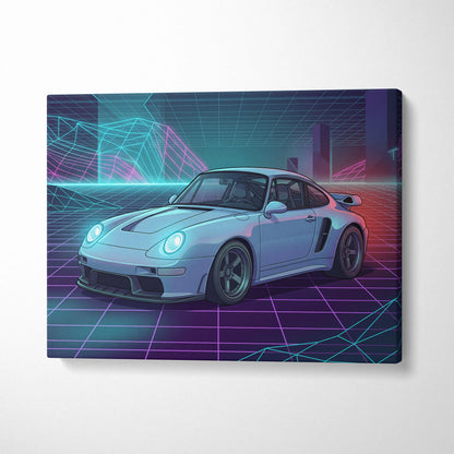 Porsche 911 Classic Inspired White Purple Canvas Wall Art, Vaporwave Sports Car Artwork, Neon Grid Garage Decor, Retro Futuristic Auto Print