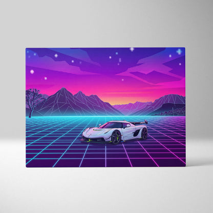 Koenigsegg Jesko Inspired White Pink Canvas Wall Art, Vaporwave Hypercar Artwork, Neon Grid Mountain Decor, Retro Futuristic Exotic Print