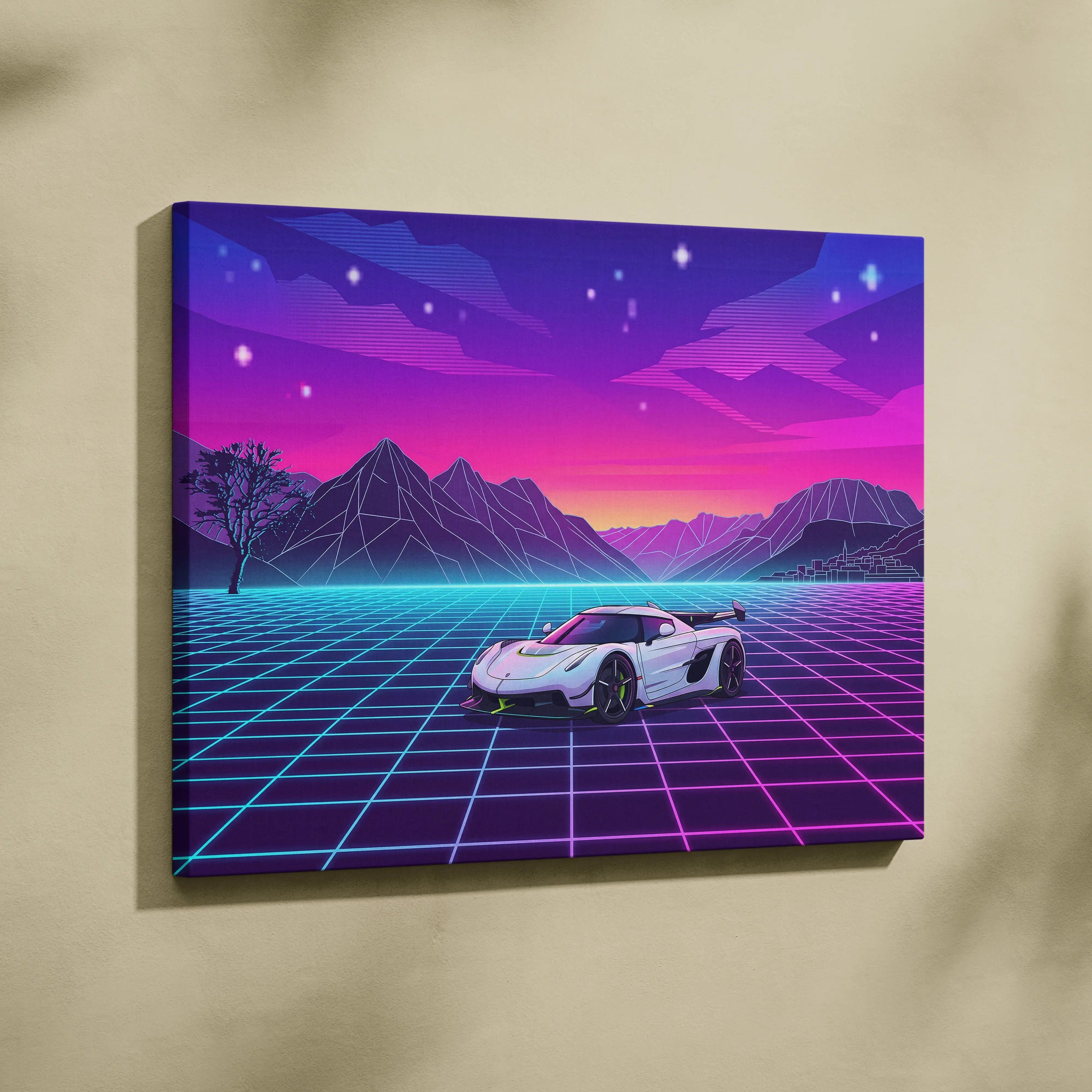 Koenigsegg Jesko Inspired White Pink Canvas Wall Art, Vaporwave Hypercar Artwork, Neon Grid Mountain Decor, Retro Futuristic Exotic Print