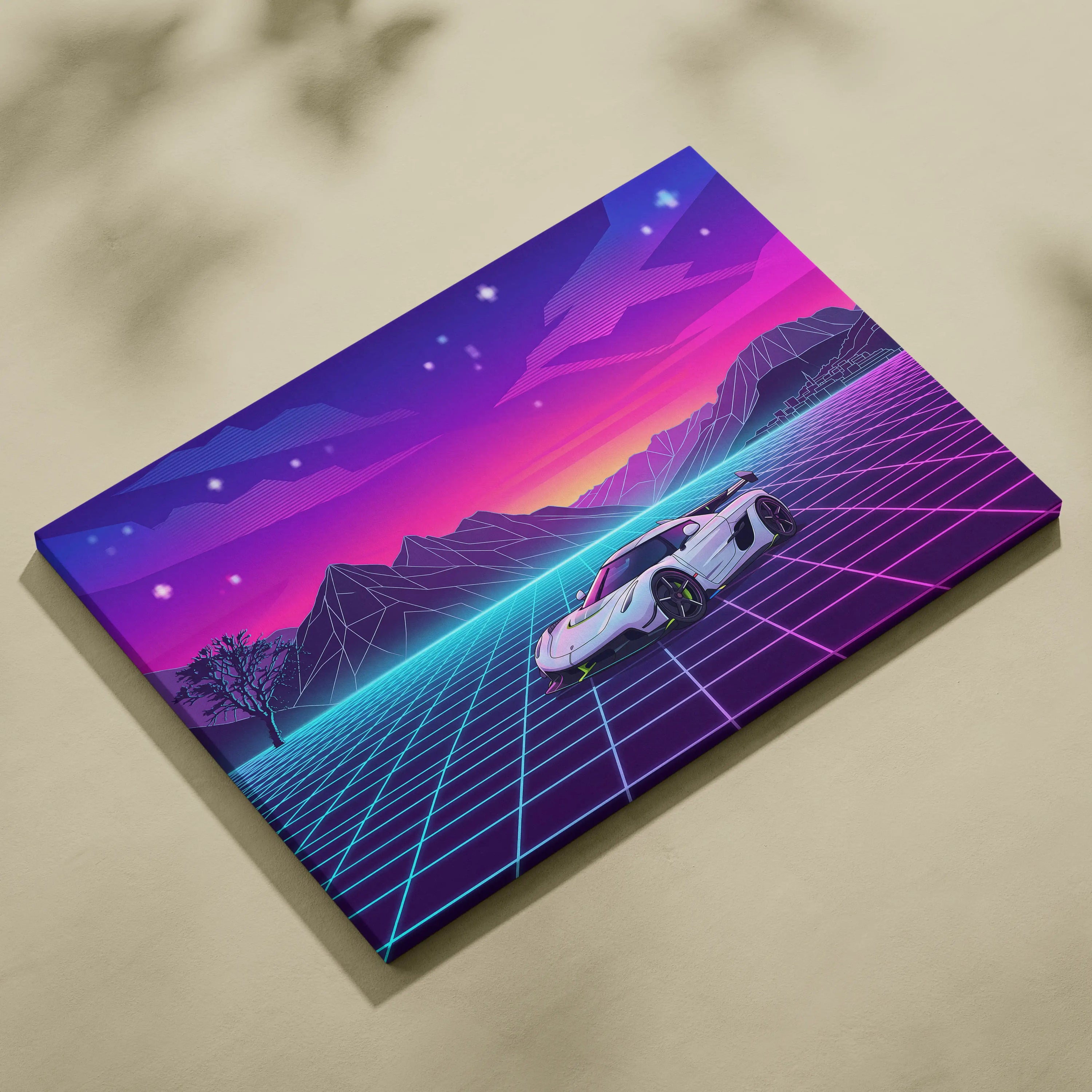 Koenigsegg Jesko Inspired White Pink Canvas Wall Art, Vaporwave Hypercar Artwork, Neon Grid Mountain Decor, Retro Futuristic Exotic Print