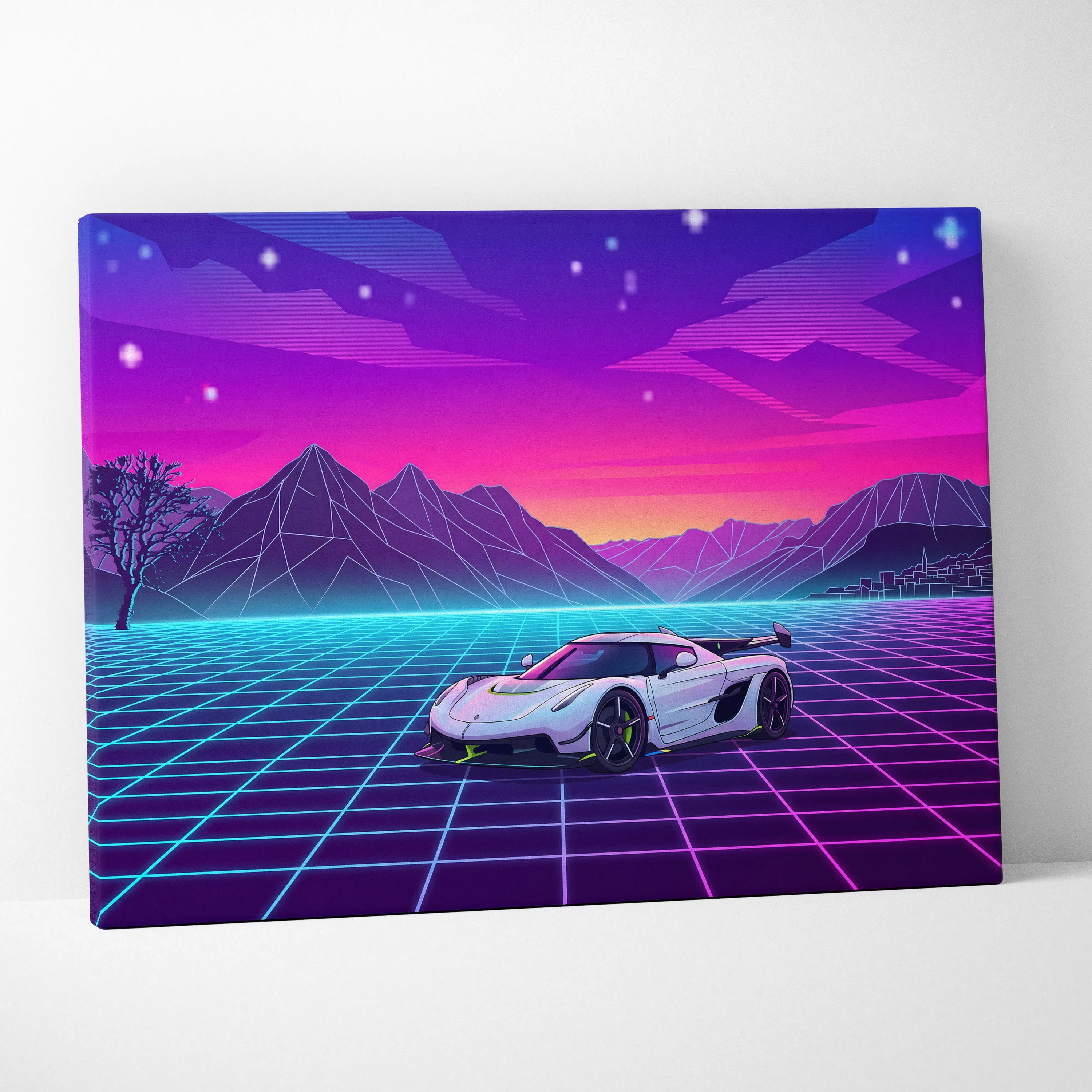 Koenigsegg Jesko Inspired White Pink Canvas Wall Art, Vaporwave Hypercar Artwork, Neon Grid Mountain Decor, Retro Futuristic Exotic Print