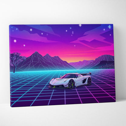 Koenigsegg Jesko Inspired White Pink Canvas Wall Art, Vaporwave Hypercar Artwork, Neon Grid Mountain Decor, Retro Futuristic Exotic Print