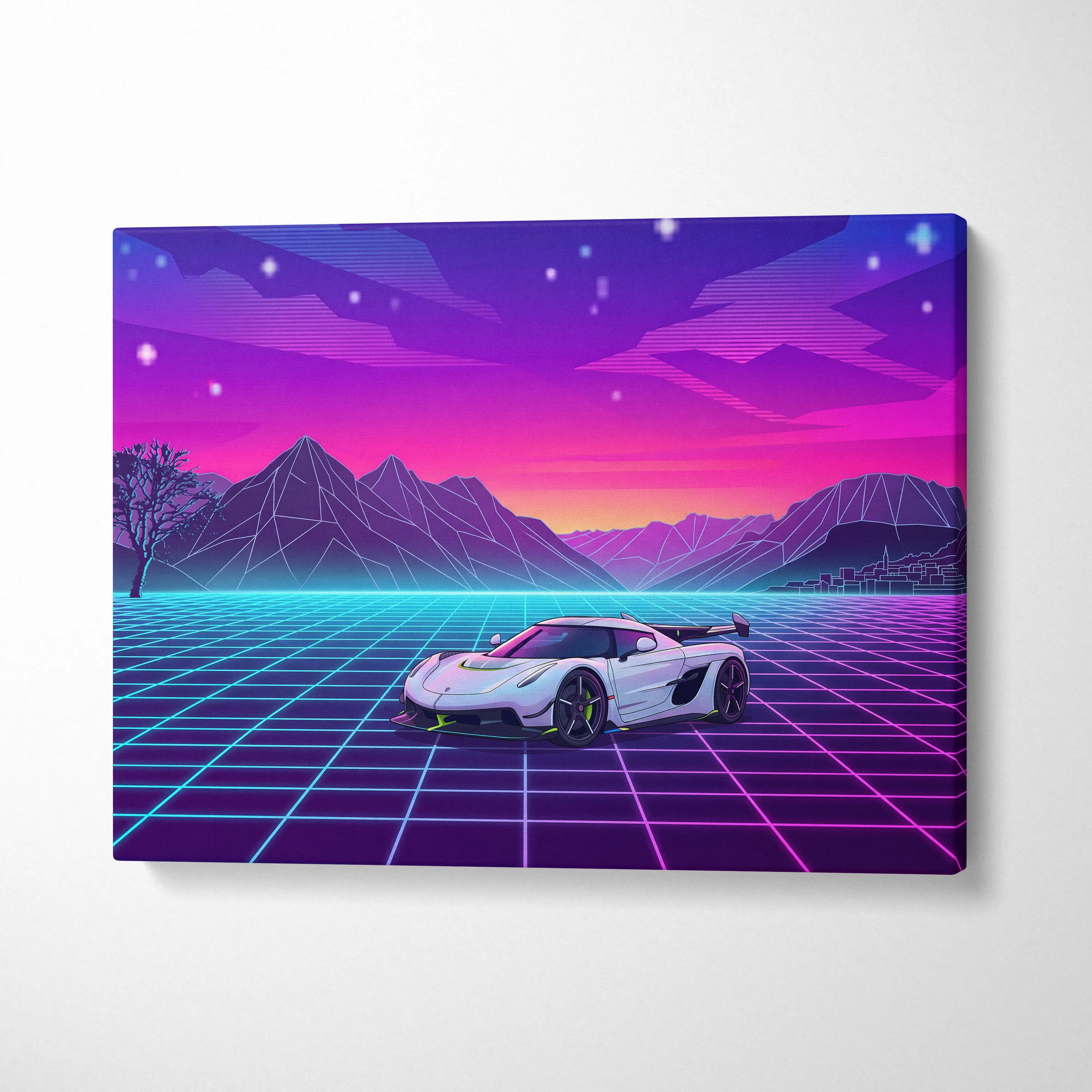 Koenigsegg Jesko Inspired White Pink Canvas Wall Art, Vaporwave Hypercar Artwork, Neon Grid Mountain Decor, Retro Futuristic Exotic Print