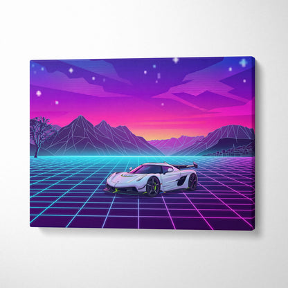 Koenigsegg Jesko Inspired White Pink Canvas Wall Art, Vaporwave Hypercar Artwork, Neon Grid Mountain Decor, Retro Futuristic Exotic Print