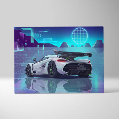 Koenigsegg Jesko Inspired White Teal Canvas Wall Art, Vaporwave Hypercar Artwork, Neon Grid Garage Decor, Retro Futuristic Exotic Print
