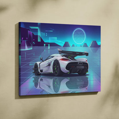 Koenigsegg Jesko Inspired White Teal Canvas Wall Art, Vaporwave Hypercar Artwork, Neon Grid Garage Decor, Retro Futuristic Exotic Print