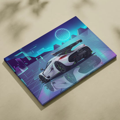 Koenigsegg Jesko Inspired White Teal Canvas Wall Art, Vaporwave Hypercar Artwork, Neon Grid Garage Decor, Retro Futuristic Exotic Print