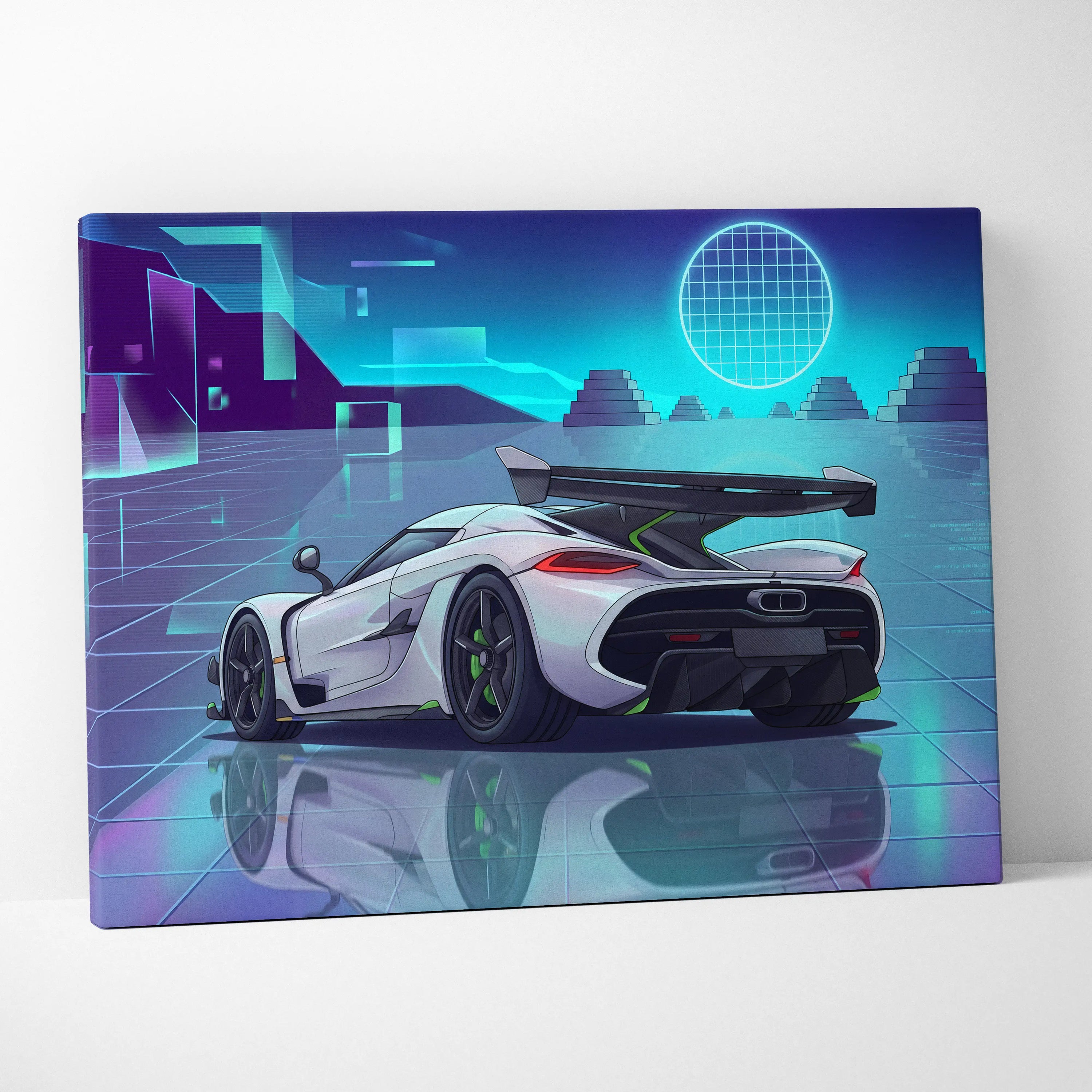Koenigsegg Jesko Inspired White Teal Canvas Wall Art, Vaporwave Hypercar Artwork, Neon Grid Garage Decor, Retro Futuristic Exotic Print