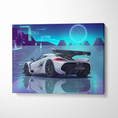 Koenigsegg Jesko Inspired White Teal Canvas Wall Art, Vaporwave Hypercar Artwork, Neon Grid Garage Decor, Retro Futuristic Exotic Print