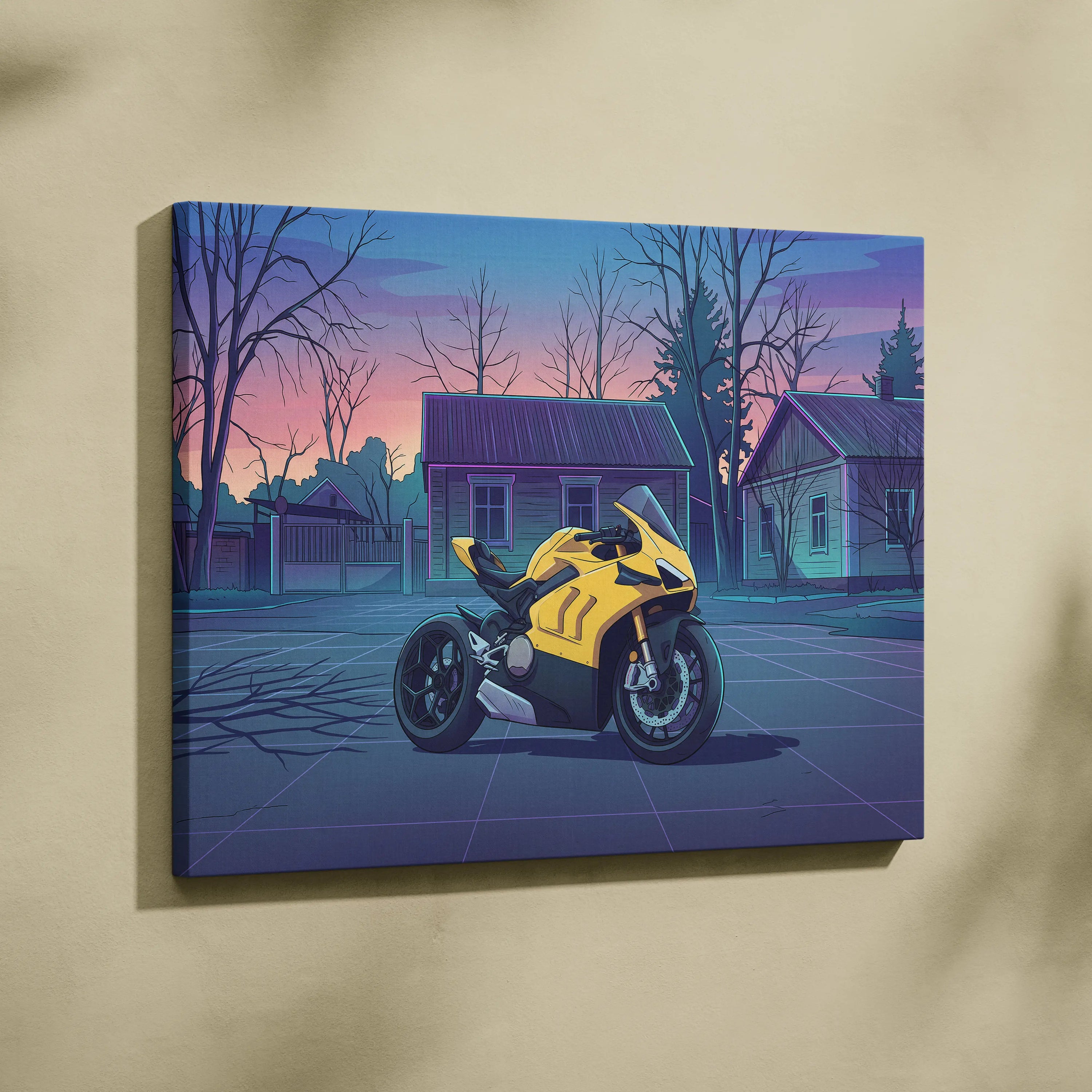Ducati Panigale V4 Inspired Yellow Purple Motorcycle Canvas Wall Art Vaporwave Sunset Sportbike Artwork for Garage Decor Retro Futuristic Print