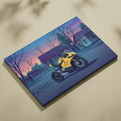 Ducati Panigale V4 Inspired Yellow Purple Motorcycle Canvas Wall Art Vaporwave Sunset Sportbike Artwork for Garage Decor Retro Futuristic Print