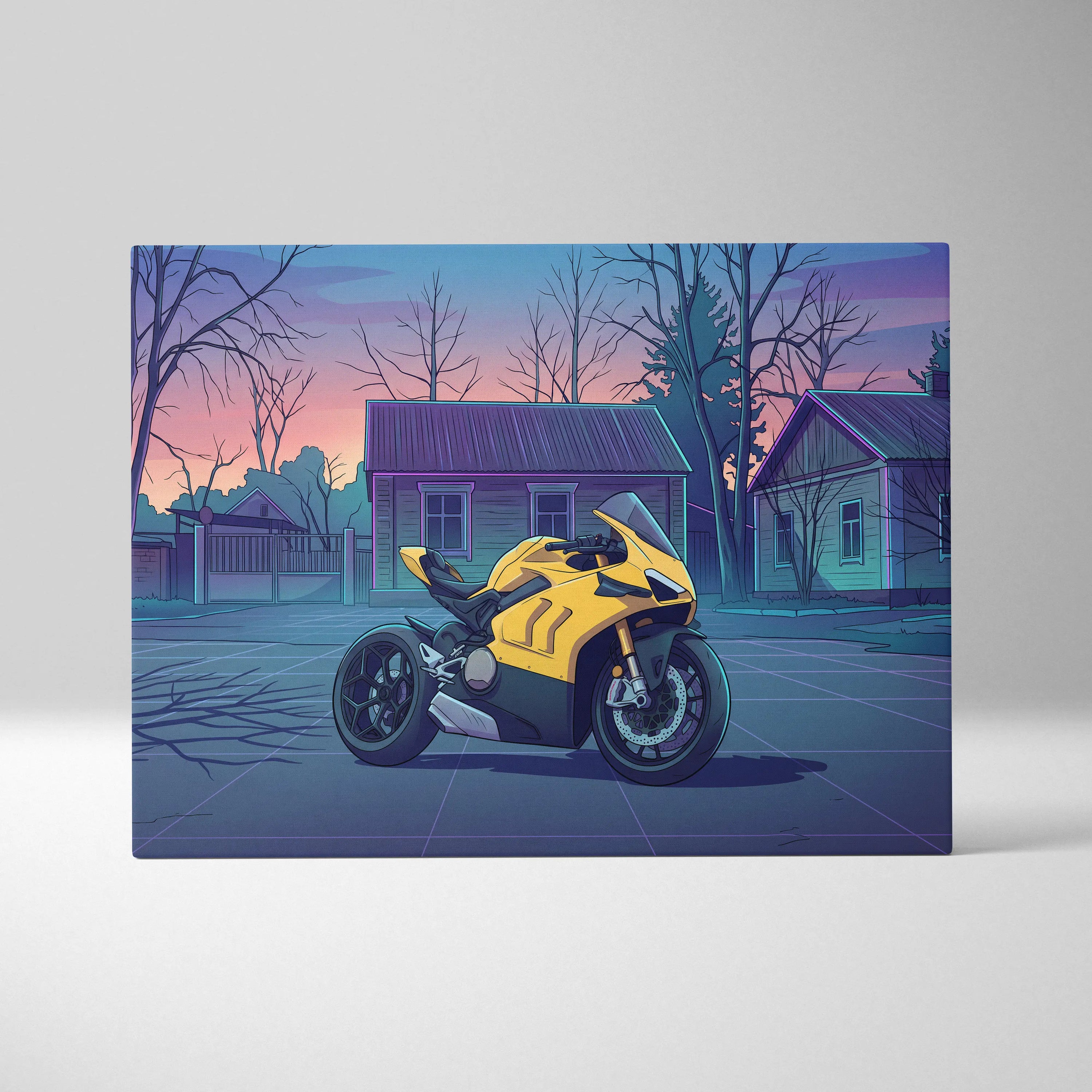 Ducati Panigale V4 Inspired Yellow Purple Motorcycle Canvas Wall Art Vaporwave Sunset Sportbike Artwork for Garage Decor Retro Futuristic Print