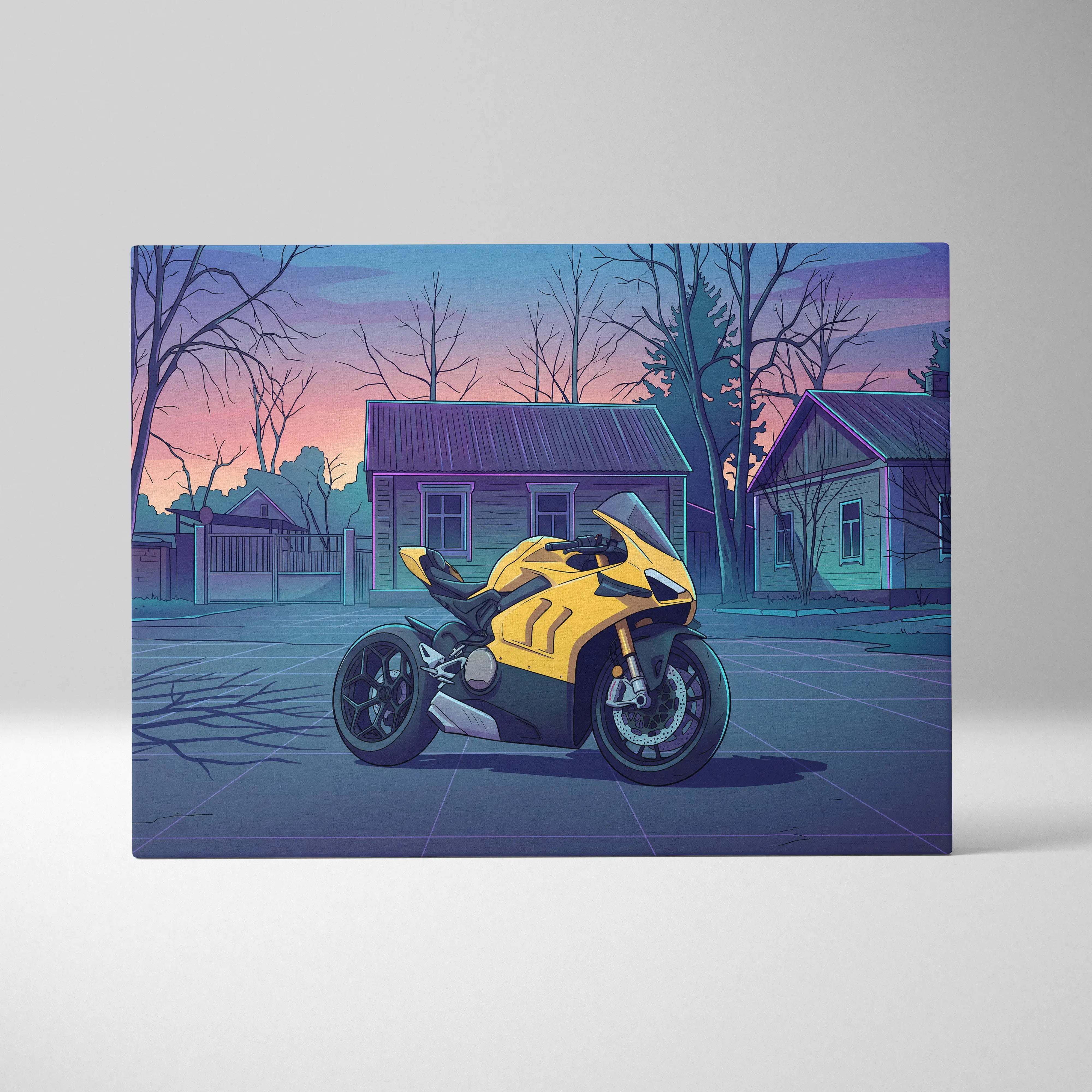 Ducati Panigale V4 Inspired Yellow Purple Motorcycle Canvas Wall Art Vaporwave Sunset Sportbike Artwork for Garage Decor Retro Futuristic Print