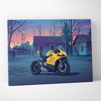 Ducati Panigale V4 Inspired Yellow Purple Motorcycle Canvas Wall Art Vaporwave Sunset Sportbike Artwork for Garage Decor Retro Futuristic Print