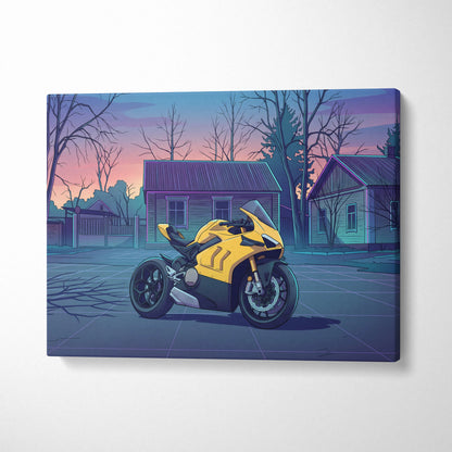 Ducati Panigale V4 Inspired Yellow Purple Motorcycle Canvas Wall Art Vaporwave Sunset Sportbike Artwork for Garage Decor Retro Futuristic Print