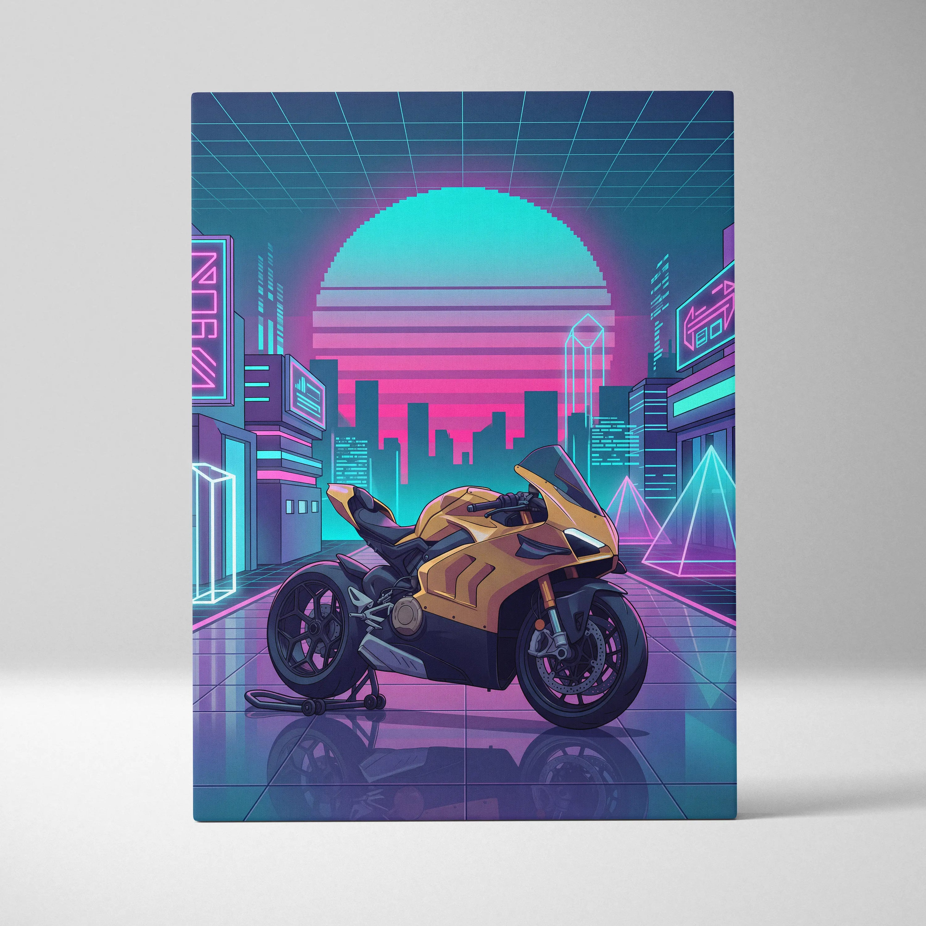 Ducati Panigale V4 Inspired Gold Pink Vaporwave Motorcycle Canvas Wall Art Neon City Sportbike Artwork Cyberpunk Garage Decor