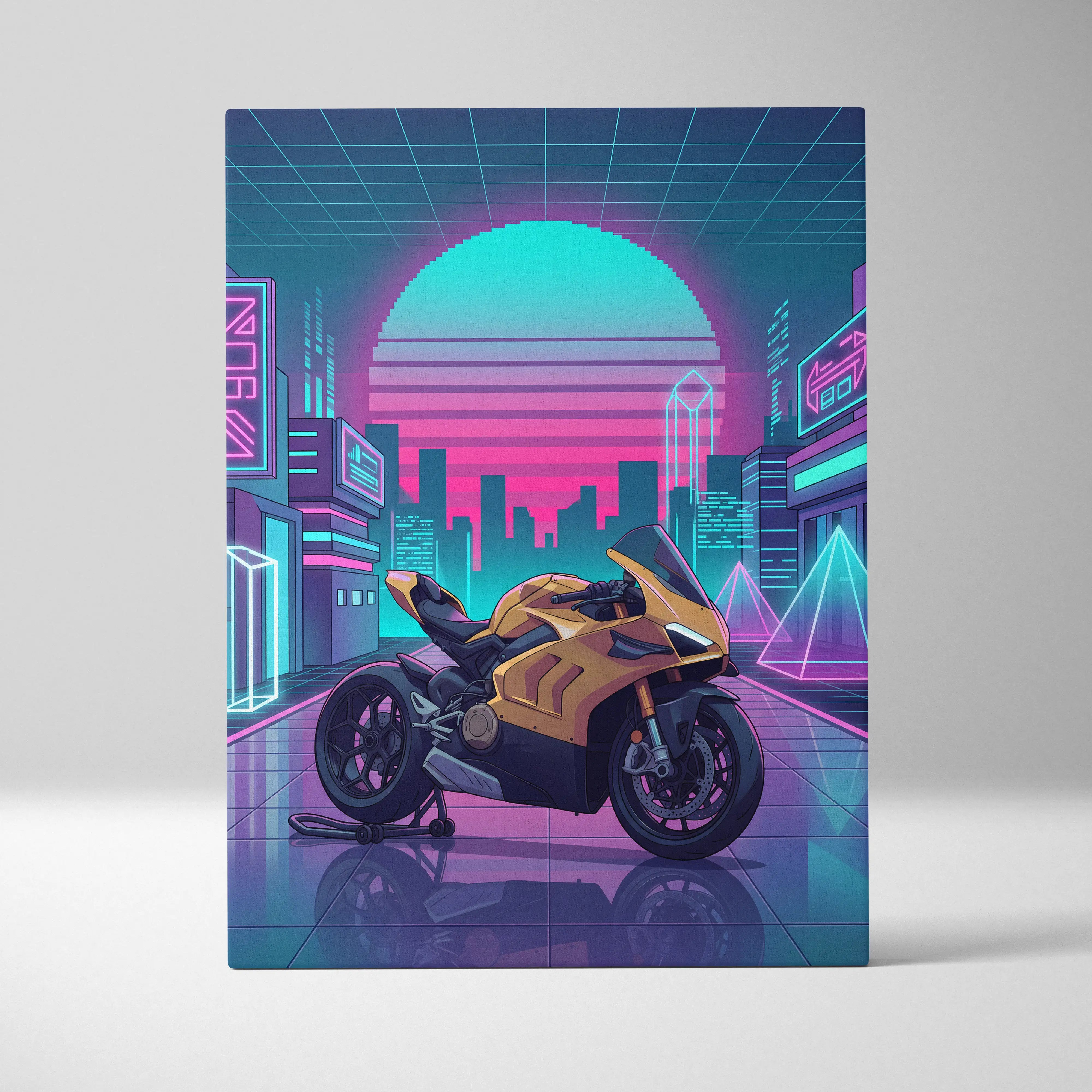 Ducati Panigale V4 Inspired Gold Pink Vaporwave Motorcycle Canvas Wall Art Neon City Sportbike Artwork Cyberpunk Garage Decor