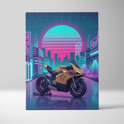 Ducati Panigale V4 Inspired Gold Pink Vaporwave Motorcycle Canvas Wall Art Neon City Sportbike Artwork Cyberpunk Garage Decor