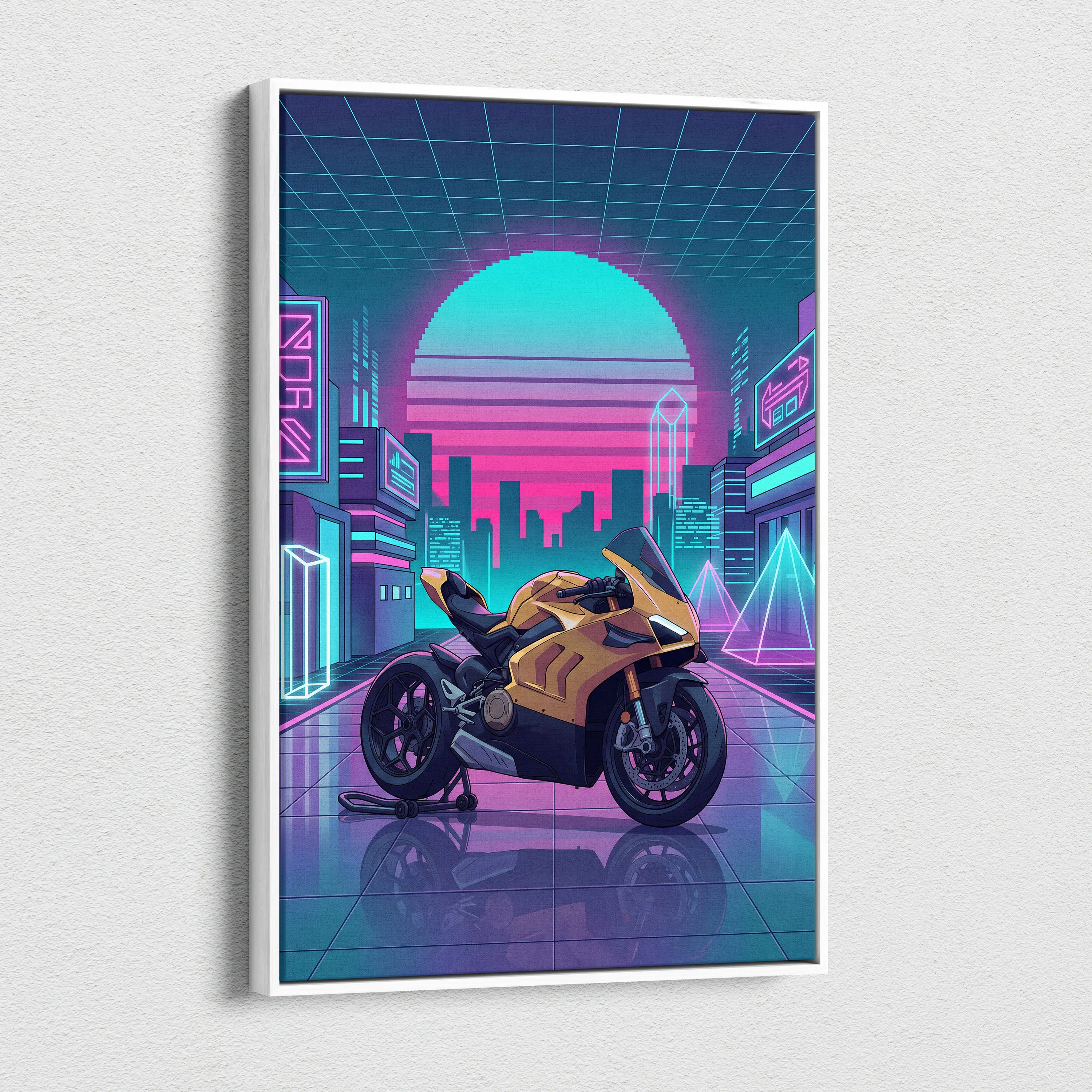 Ducati Panigale V4 Inspired Gold Pink Vaporwave Motorcycle Canvas Wall Art Neon City Sportbike Artwork Cyberpunk Garage Decor