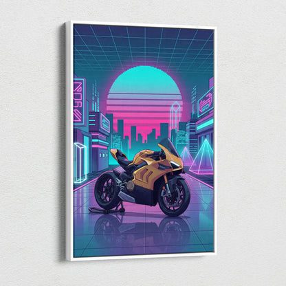 Ducati Panigale V4 Inspired Gold Pink Vaporwave Motorcycle Canvas Wall Art Neon City Sportbike Artwork Cyberpunk Garage Decor