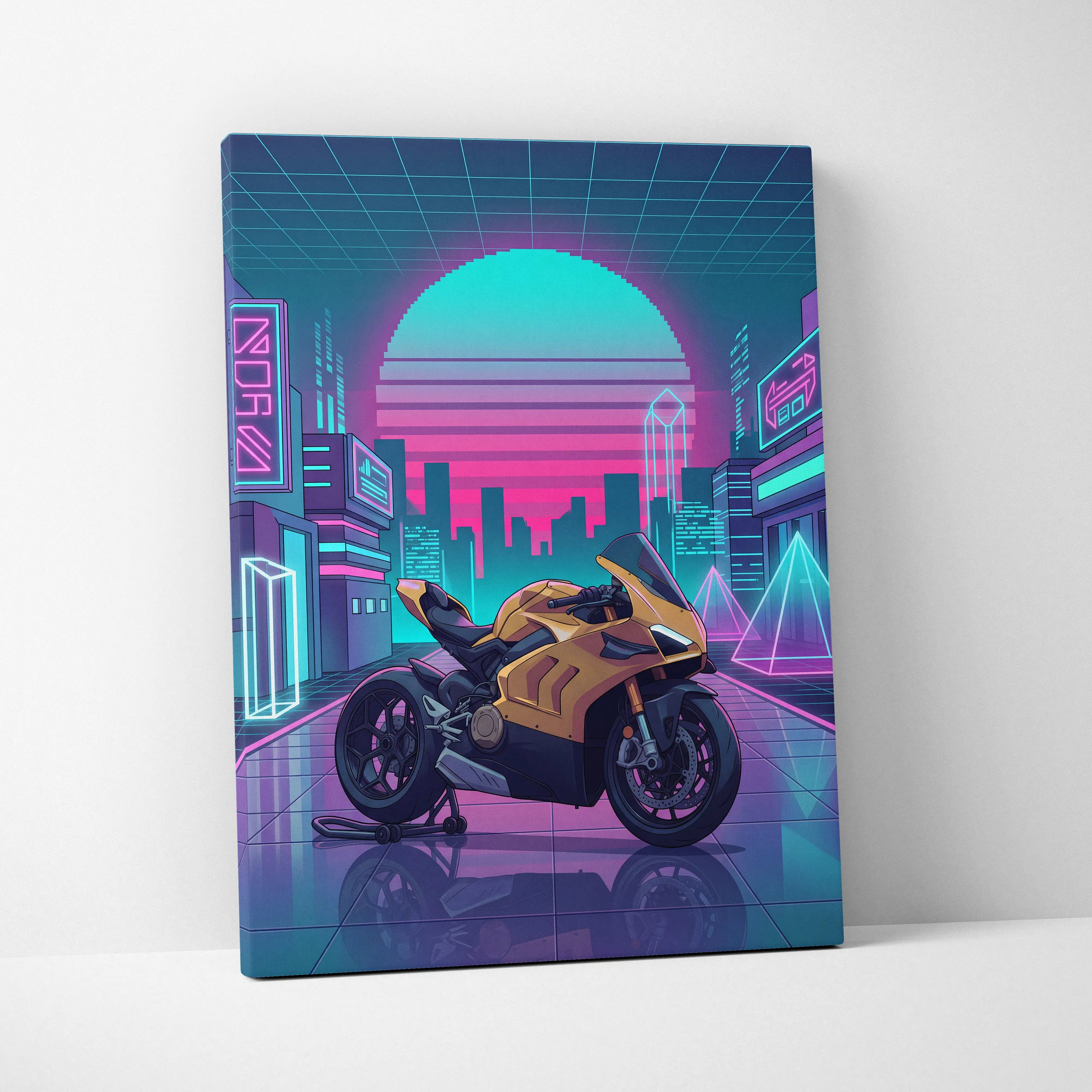 Ducati Panigale V4 Inspired Gold Pink Vaporwave Motorcycle Canvas Wall Art Neon City Sportbike Artwork Cyberpunk Garage Decor