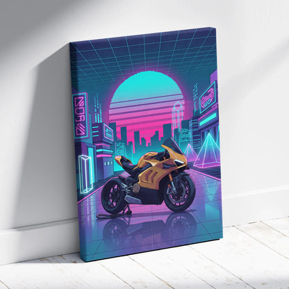 Ducati Panigale V4 Inspired Gold Pink Vaporwave Motorcycle Canvas Wall Art Neon City Sportbike Artwork Cyberpunk Garage Decor