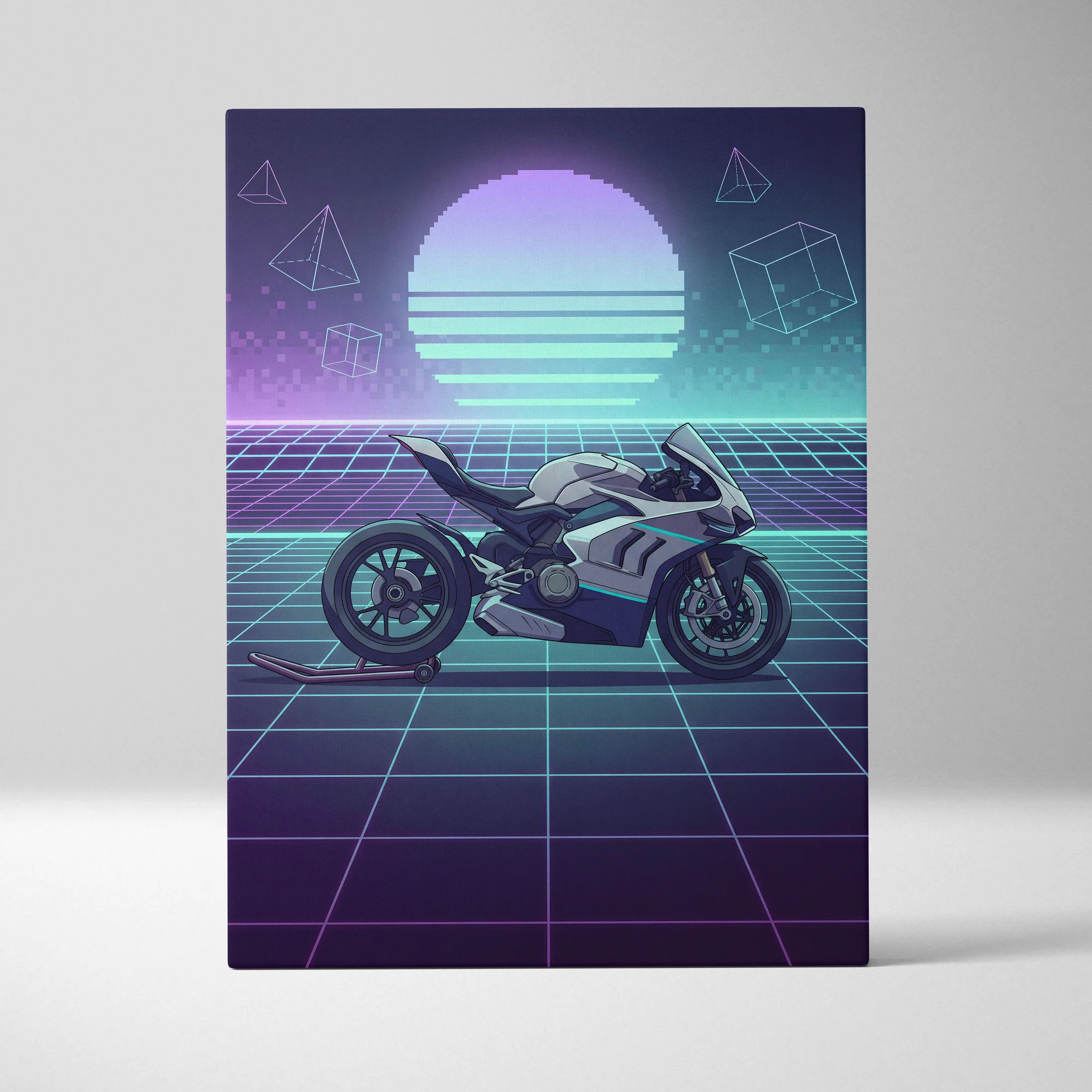 Ducati Panigale V4 Inspired White Teal Motorcycle Canvas Wall Art Vaporwave Neon Grid Sportbike Artwork for Garage Decor Retro Futuristic Print