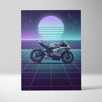 Ducati Panigale V4 Inspired White Teal Motorcycle Canvas Wall Art Vaporwave Neon Grid Sportbike Artwork for Garage Decor Retro Futuristic Print