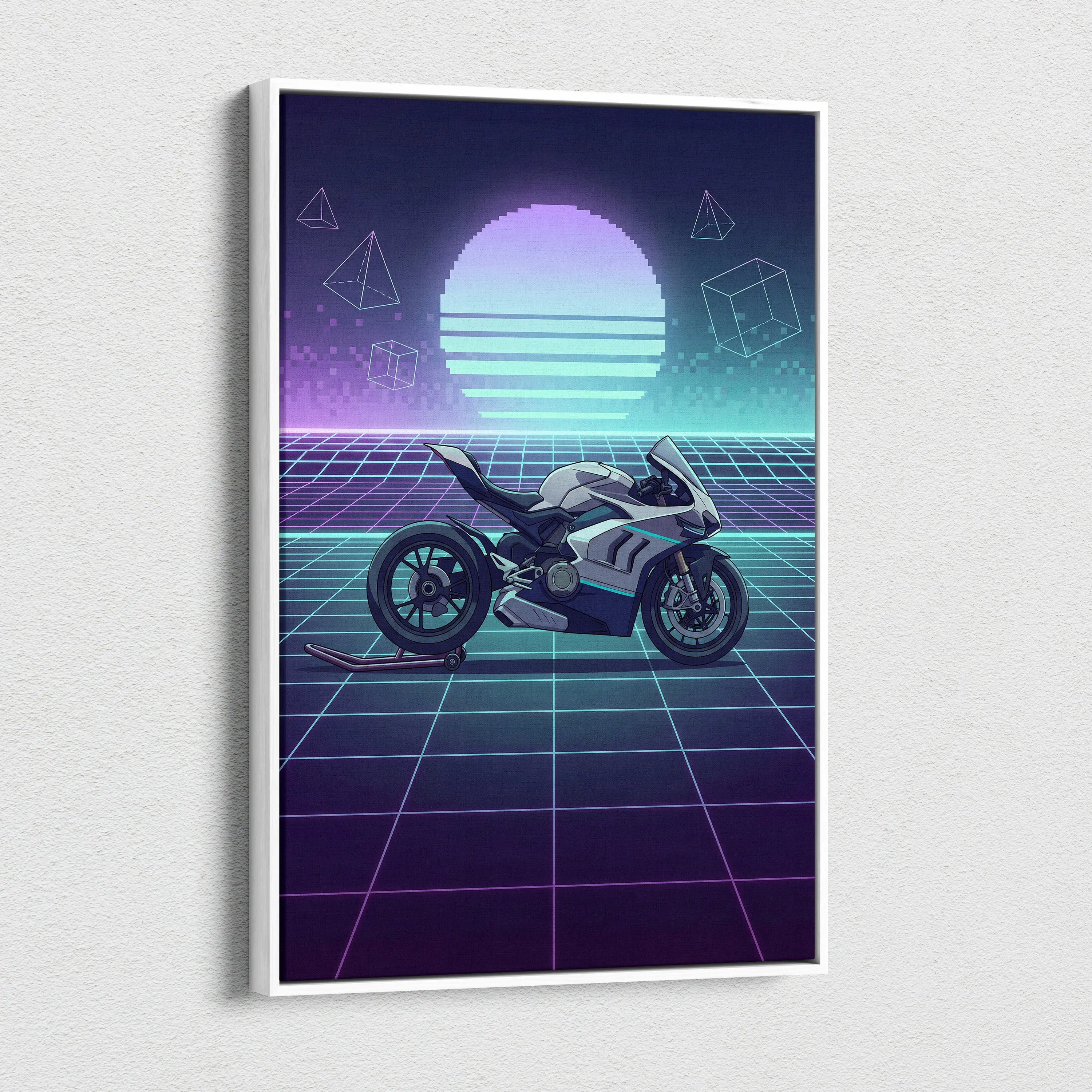 Ducati Panigale V4 Inspired White Teal Motorcycle Canvas Wall Art Vaporwave Neon Grid Sportbike Artwork for Garage Decor Retro Futuristic Print