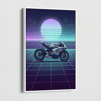 Ducati Panigale V4 Inspired White Teal Motorcycle Canvas Wall Art Vaporwave Neon Grid Sportbike Artwork for Garage Decor Retro Futuristic Print