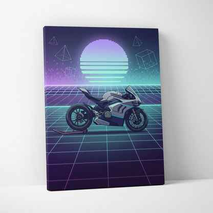 Ducati Panigale V4 Inspired White Teal Motorcycle Canvas Wall Art Vaporwave Neon Grid Sportbike Artwork for Garage Decor Retro Futuristic Print
