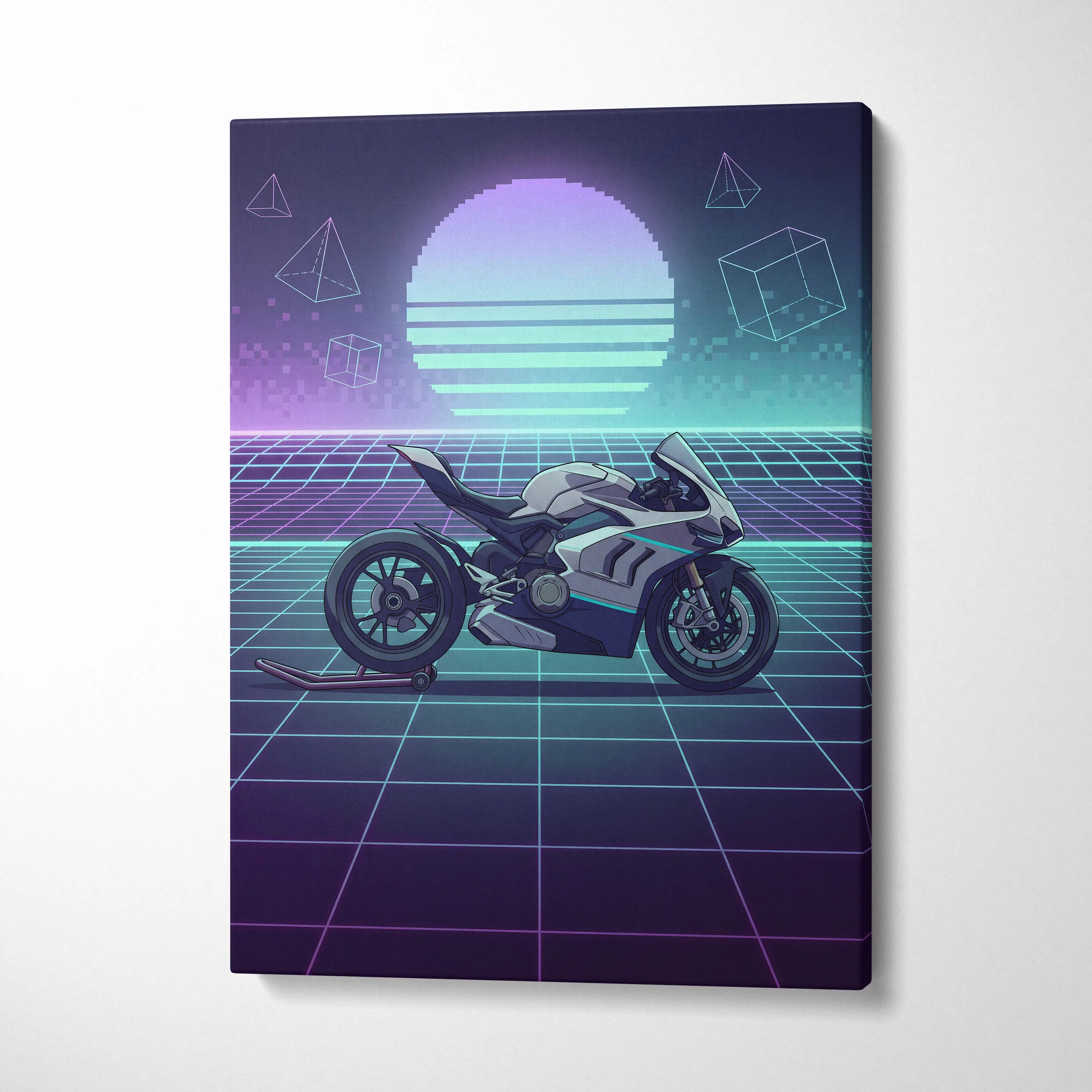 Ducati Panigale V4 Inspired White Teal Motorcycle Canvas Wall Art Vaporwave Neon Grid Sportbike Artwork for Garage Decor Retro Futuristic Print