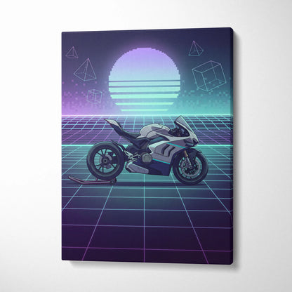 Ducati Panigale V4 Inspired White Teal Motorcycle Canvas Wall Art Vaporwave Neon Grid Sportbike Artwork for Garage Decor Retro Futuristic Print