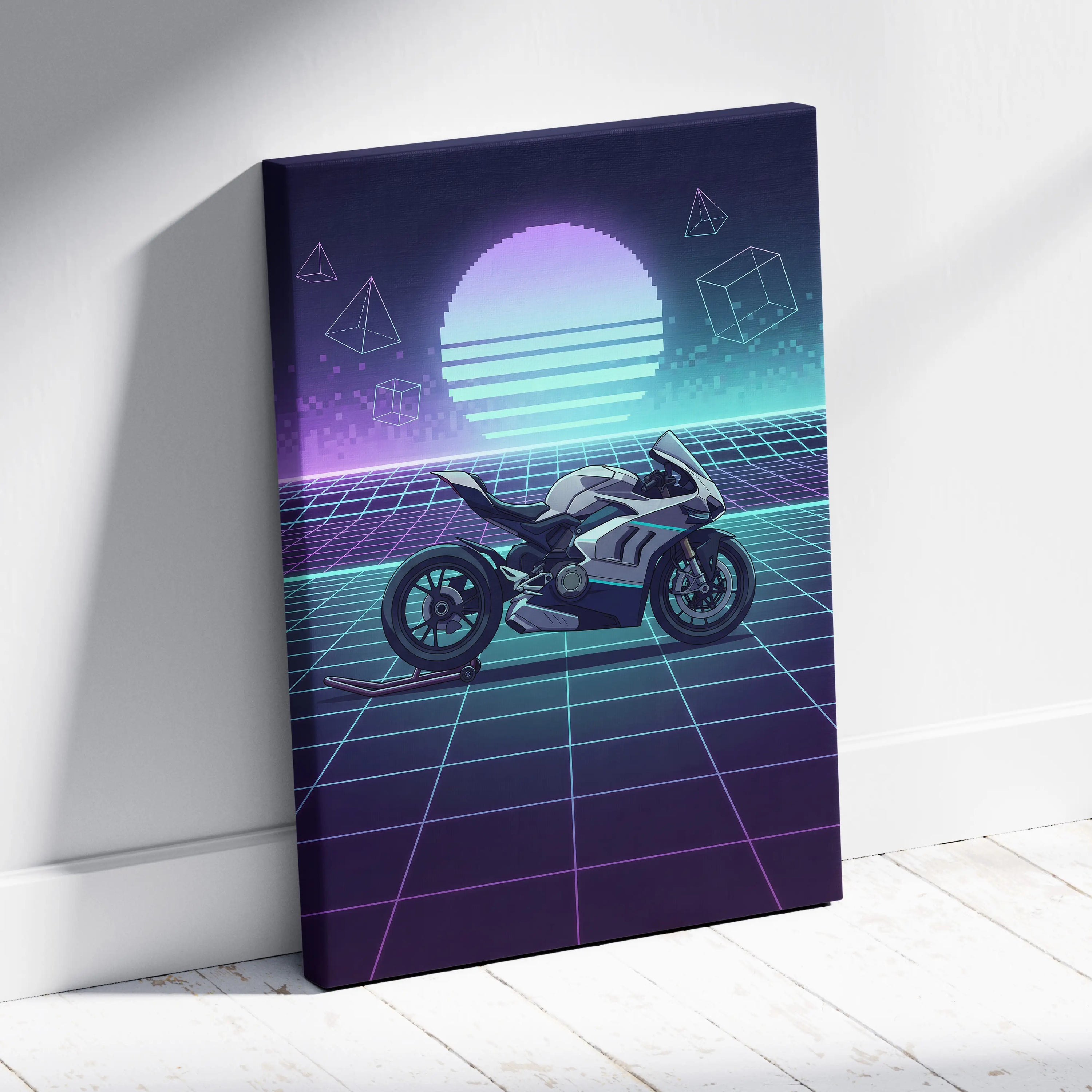 Ducati Panigale V4 Inspired White Teal Motorcycle Canvas Wall Art Vaporwave Neon Grid Sportbike Artwork for Garage Decor Retro Futuristic Print