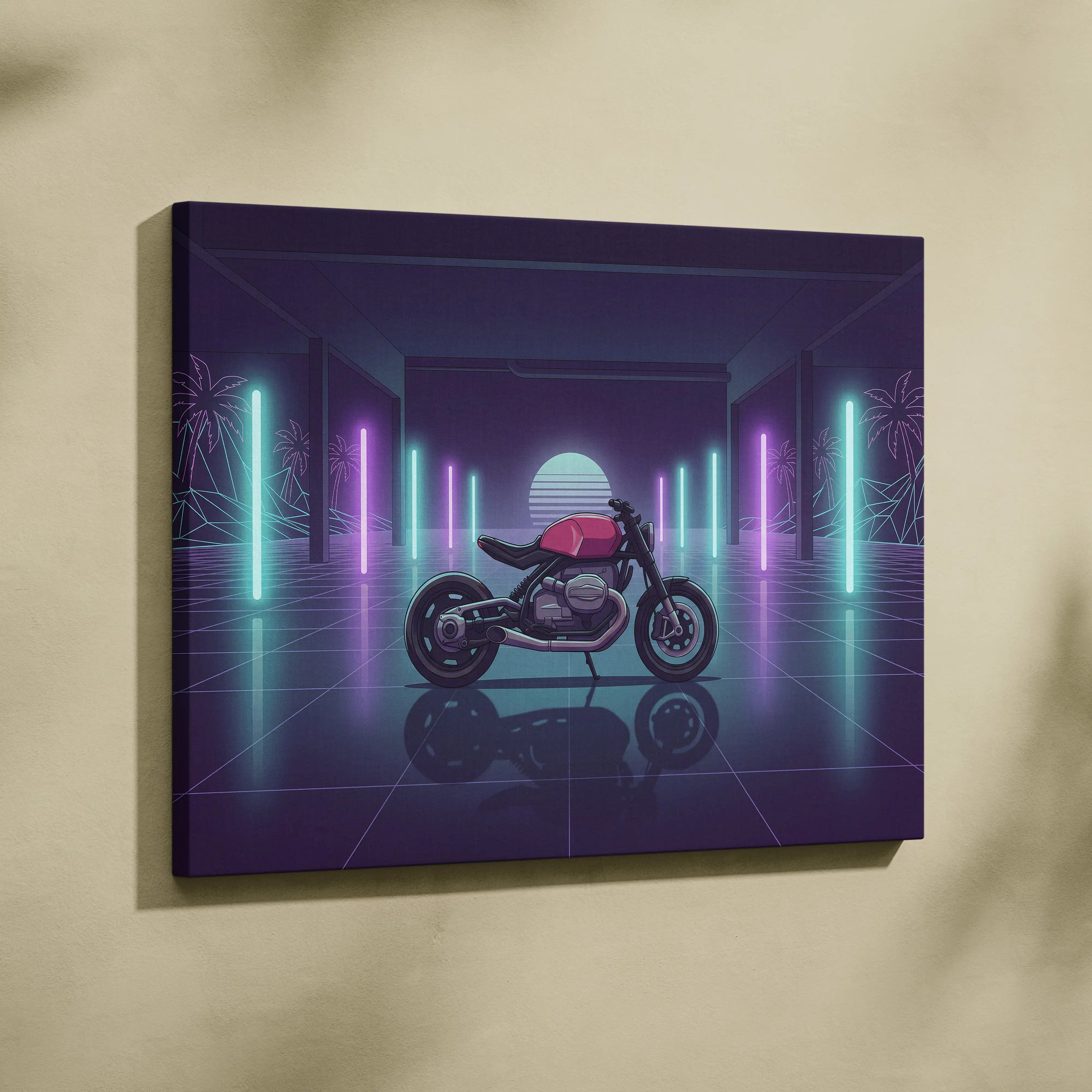BMW Custom R NineT Inspired Pink Purple Motorcycle Canvas Wall Art Vaporwave Neon Retro Futuristic Garage Decor Modern Café Racer Artwork