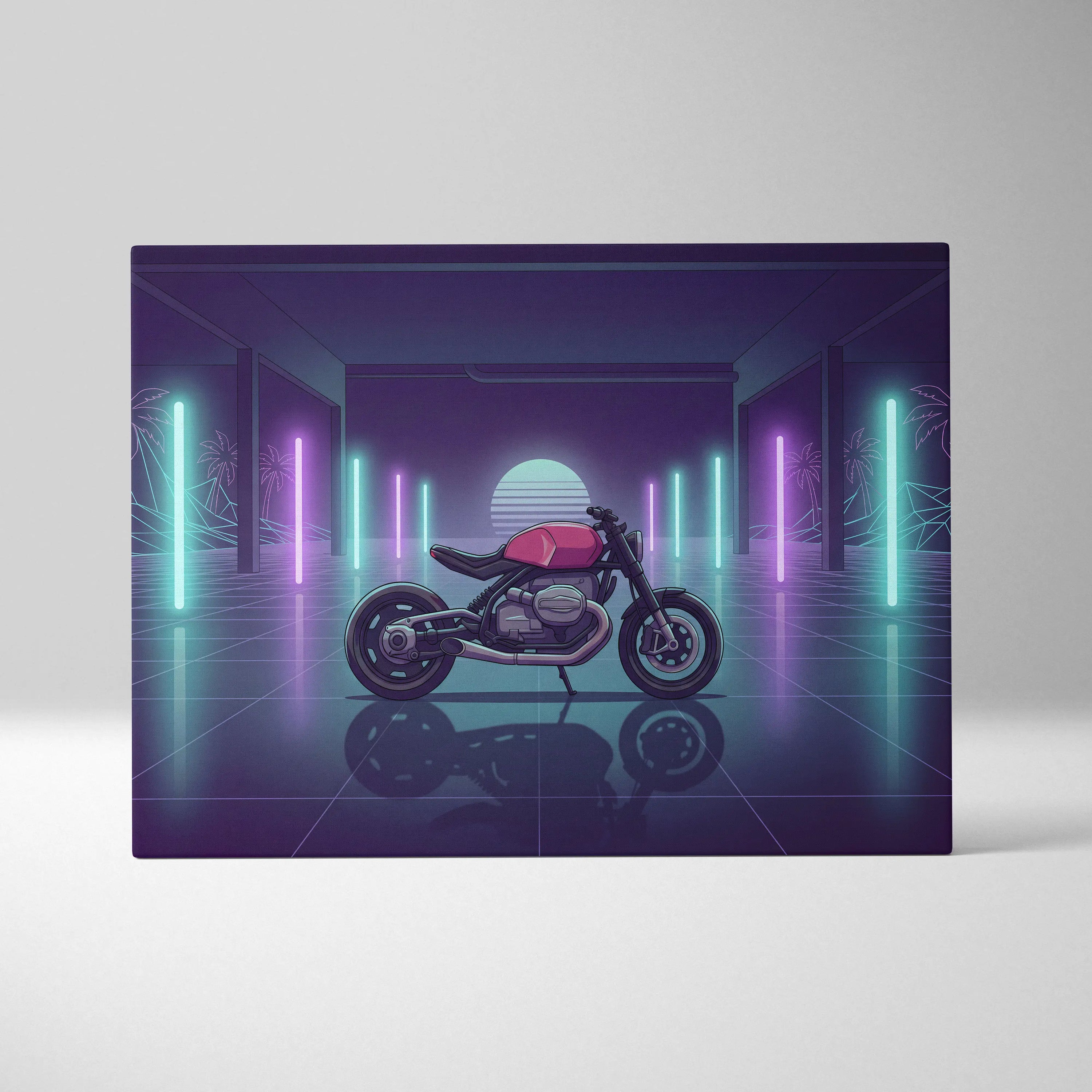 BMW Custom R NineT Inspired Pink Purple Motorcycle Canvas Wall Art Vaporwave Neon Retro Futuristic Garage Decor Modern Café Racer Artwork