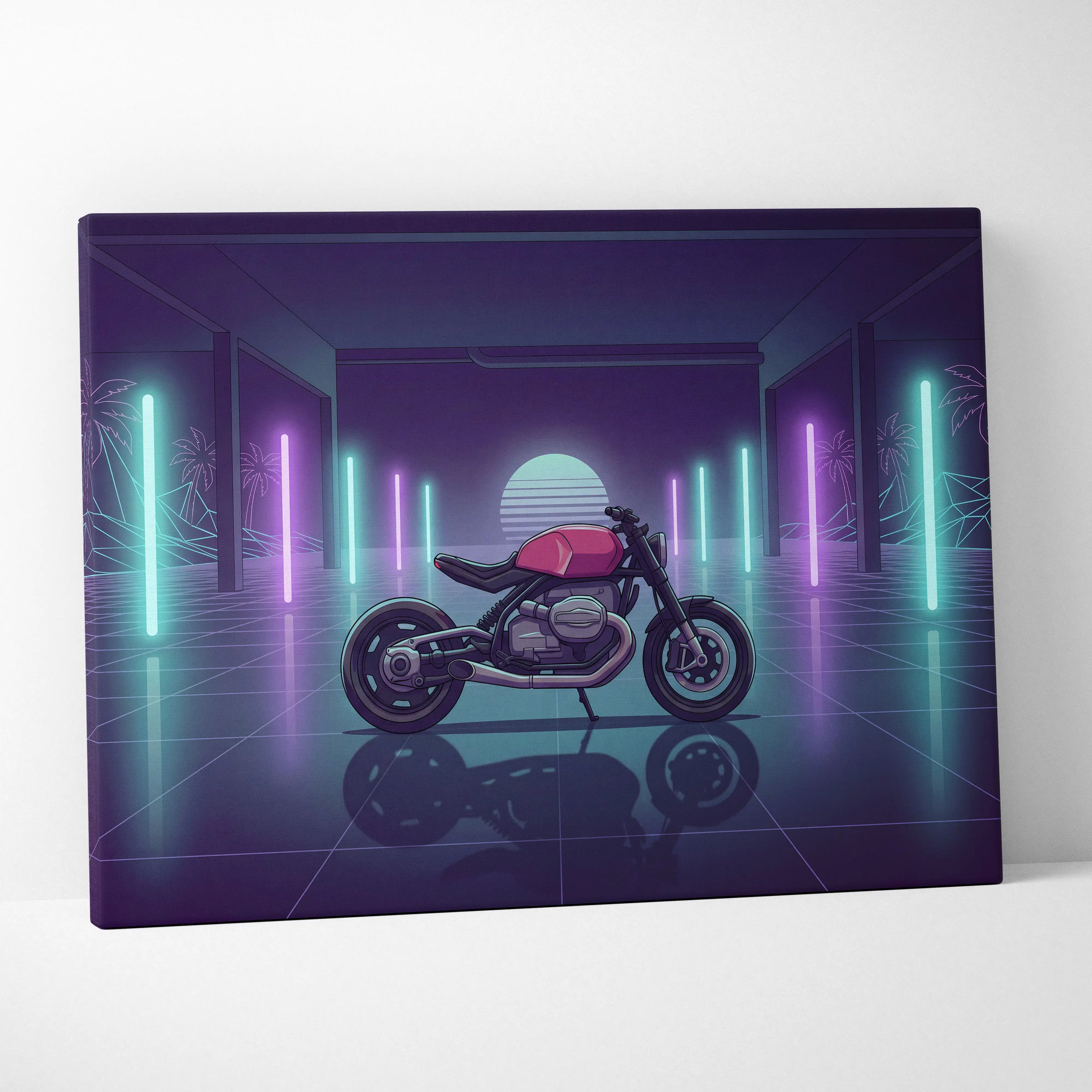 BMW Custom R NineT Inspired Pink Purple Motorcycle Canvas Wall Art Vaporwave Neon Retro Futuristic Garage Decor Modern Café Racer Artwork